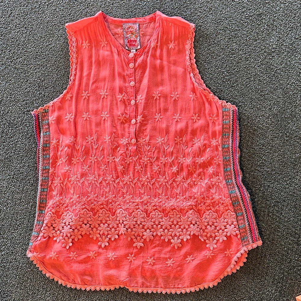“Johnny Was” Coral Embroidered Blouse